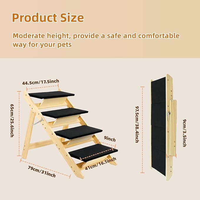 Foldable Dog Stairs/Ramp with 4 Steps - Durable Wooden Pet Stairs for Small, Medium, Large Dogs - Black (5098)-PurrikoPets