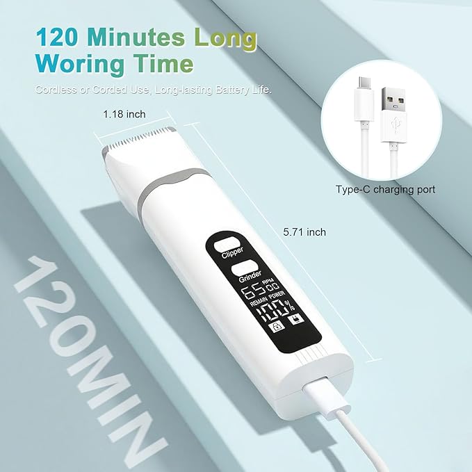 4 in 1 Dog Clippers Grooming Kit with LED Screen, Cordless Quiet Paw Trimmer & Nail Grinder, Rechargeable Waterproof Feet Ear Body Hair Shaver for Cats Dogs Pet Supplies-PurrikoPets