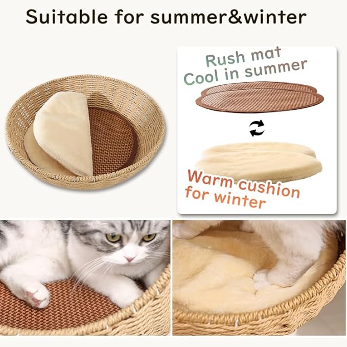 57'' Cat Tower for Large Cats, Manual Hand Woven Modern Multi-Level Condo with Natural Wood, Cat Activity Centre for Medium and Big Pets-PurrikoPets