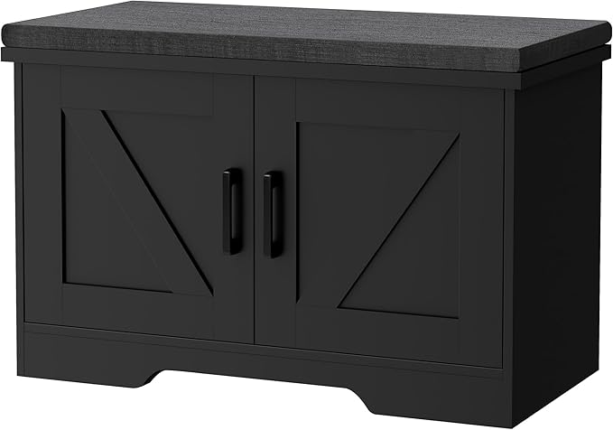 2-Tier Storage Bench, Shoe Bench with Padded Seat Cushion, Entryway Bench with 2 Barn Doors, Adjustable Shelf, 13.8" D x 27.6" W x 17.7" H, for Entryway, Living Room, Bedroom, Black-PurrikoPets