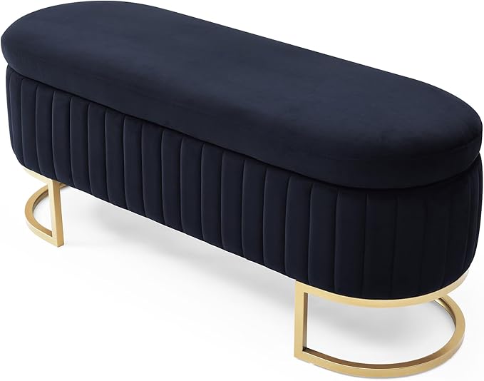 50" Sherpa Storage Ottoman Bench – Velvet Upholstered Bedroom Bench with Golden Metal Legs, Lift-Top Hidden Storage, Modern Footrest for Living Room, Entryway, Bed End (Black)-PurrikoPets