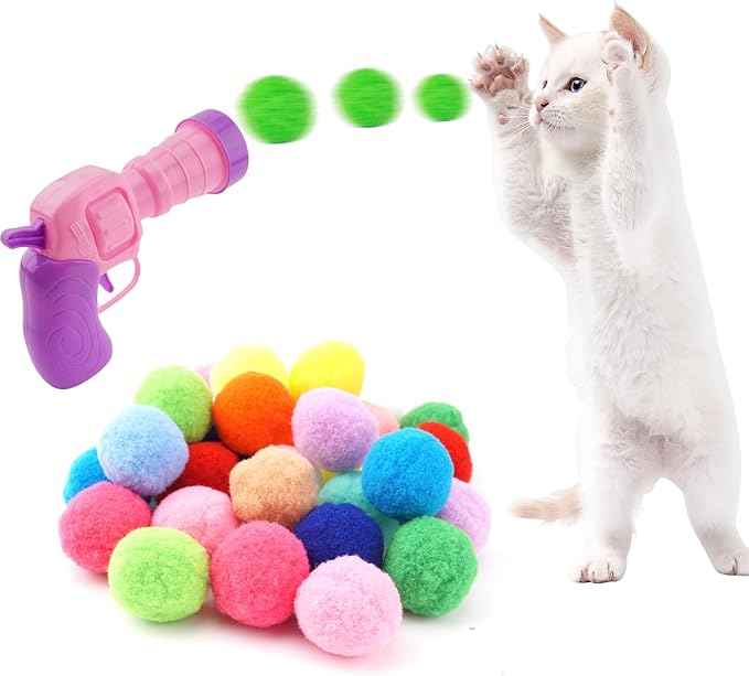 31Pcs Cat Ball Toy Launcher, 30Pcs Plush Fuzzy Balls, Cat Fetch Toy Gun Shooter for Indoor Kittens-PurrikoPets