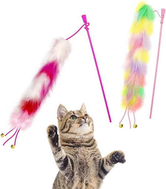 2 Pack Cat Wand Toy, Rainbow Cat Feather Toys with Bells, Teaser Wand with Soft Furry Tail, Interactive Toys for Indoor Cats & Kitten & Kitty-PurrikoPets