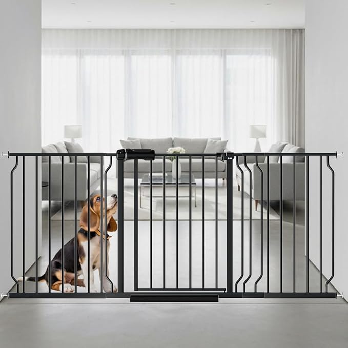 62.2"-71.65" Extra Wide Auto Closing Baby Safety Gate for Stairs & Doorways, Pressure Mounted No Drill Pet Gate with Walk-Through Door - Heavy Duty Childproof Gate for Toddlers, Kids, Dogs (Black)-PurrikoPets