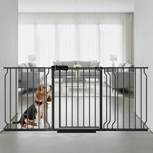 62.2"-71.65" Extra Wide Auto Closing Baby Safety Gate for Stairs & Doorways, Pressure Mounted No Drill Pet Gate with Walk-Through Door - Heavy Duty Childproof Gate for Toddlers, Kids, Dogs (Black)-PurrikoPets