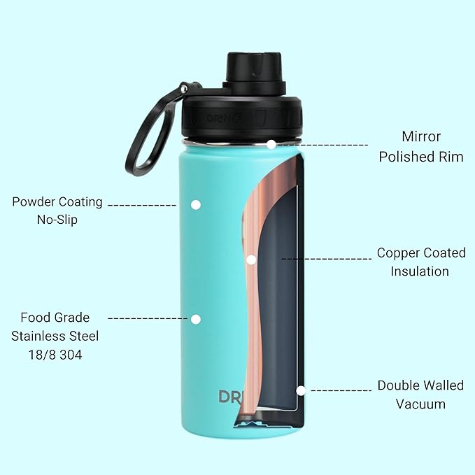 DRINCO Stainless Steel Water Bottle Spout Lid Vacuum Insulated Double Wall Water Bottle Wide Mouth (40oz 32oz 22oz 18oz 14oz) Leak Proof Keeps Cold or Hot (18 oz, 18oz Teal)-PurrikoPets
