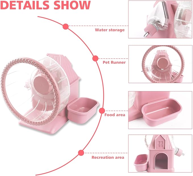 4 in 1 Silent Large Hamster Wheel Multifunctional Hamster Running Wheel Quite Running Spinner Wheel Accessories with Food Bowl Water Bottle for Hamsters Dwarf Gerbil (Pink)-PurrikoPets