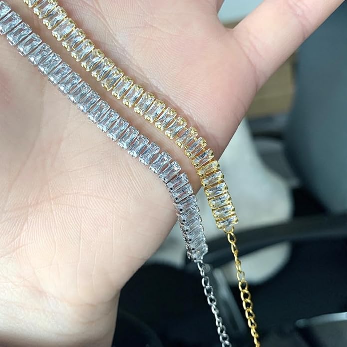 Solid Gold over S925 Sterling Silver Rectangle Cut Moissanite Tennis Bracelet, Geometric Adjustable Link Design, Trendy Gift for Fashion-Forward Women