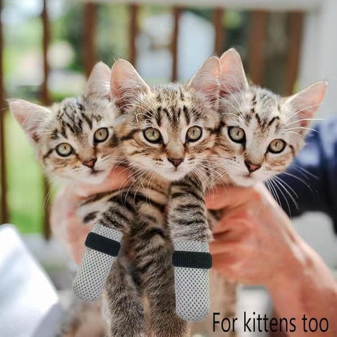 4 PCS Cat Mittens to Prevent Scratching,Mesh Breathable Cat Shoes,Adjustable Cats Anti Scratch Gloves,Suitable for Cats When Bathing and Nail Trimming(M,Grey)-PurrikoPets