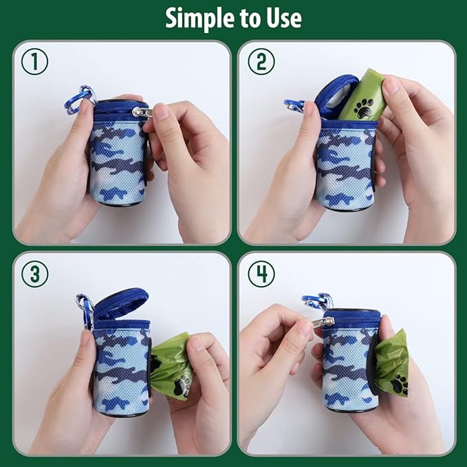 Dog Poop Bag Holder for Leash Doggie Waste Bag Dispenser Puppy Potty Carrier Small Doggy Zipper Pouch with Carabiner Clip 1680D Nylon Oxford with 1 Roll of Pet Trash Bags, Sky Blue Camo-PurrikoPets