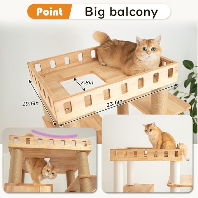 74" Wooden Cat Tree Tower for Large Cats, Multi-Level Cat Climbing Furniture with Scratching Posts, Cat Condo & Hammock, Natural Wood Cat Activity Center (White)-PurrikoPets