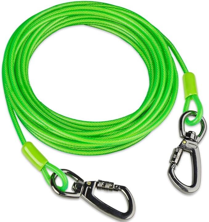 Dog tie Out Cable, 10/20/25/30/50/70/100 feet, Suitable for Dogs up to 350 pounds, Dog Cable with Swivel Buckle, Lightweight, Non-Winding, for Outdoor Camping, Yard Dog Cable (Green, 10FT)-PurrikoPets