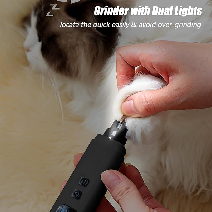 Dog Nail Grinder - 2 Speed Super Quiet and Low Vibration Electric Pet Nail Grinder - Rechargeable Dog Nail Trimmers for Small Dogs- Cat Nail Claw Clippers with 2 Level LED Lighting（Black）-PurrikoPets