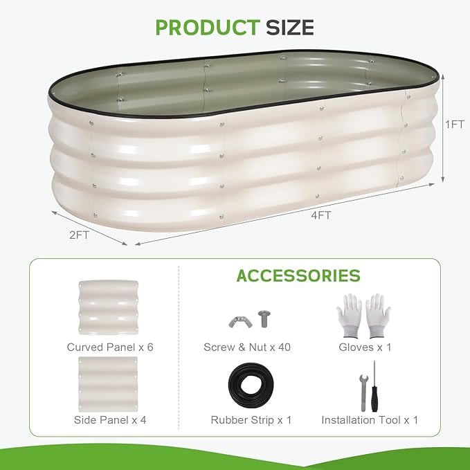 Galvanized Raised Garden Bed Outdoor - 4×2×1ft Planter Raised Beds for Gardening | Oval Metal Garden Planter Box with Safety Edging and Gloves for Vegetables Fruits and Flowers - White-PurrikoPets