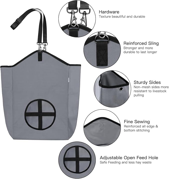 3 Packs Goat Hay Feeder,Hay Bags for Goats,Horses,Sheep,Premium 600D Oxford Cloth,with Metal Fastener and Adjustable Open Feed Hole for Slow Feeding. (1 Black+2Grey)-PurrikoPets