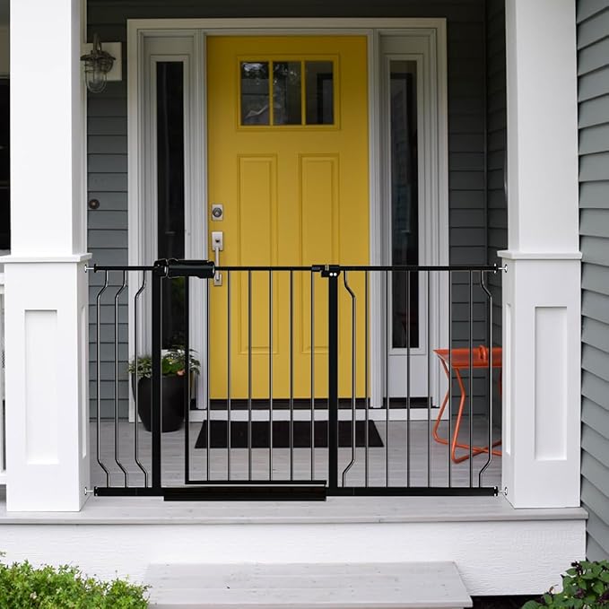 Fairy Baby Walk Through Baby Gate 34-38.5 Inch Wide, Pressure Mounted Safety Gate with Door No Drill, Tension Metal Gate for Dog and Toddler, Black-PurrikoPets