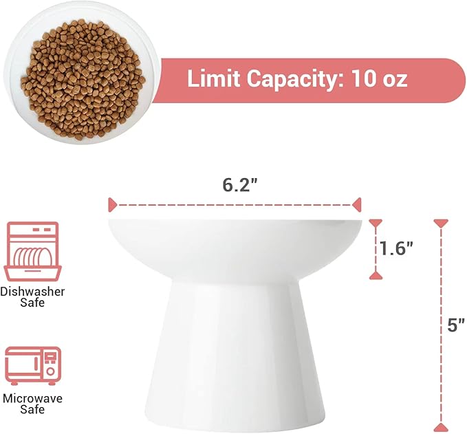 Extra Wide Elevated Ceramic Cat Bowl - 6.2" Shallow Dish for Whisker Fatigue Relief, 5" Height for Easy Feeding, Lead & Cadmium Free, Durable Raised Cat Food Bowls, White-PurrikoPets