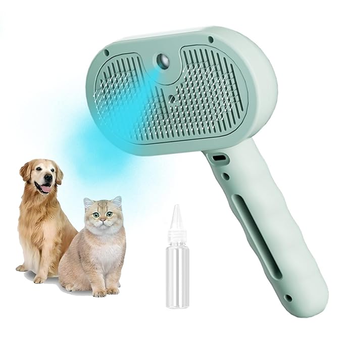 3-in-1 Steam Brush for Cats - Self Cleaning Cat Brush with Anti-Static & Shedding Control, Rechargeable Pet Grooming Tool for Long/Short Hair Cats & Dogs(Green)-PurrikoPets