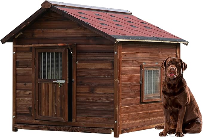 Extra Large Dog House Outdoor Made of Solid Pine Wood, Warm Doghouse, Dog House with Elevated Floor for Large Dogs, (Wood, 6XL)-PurrikoPets