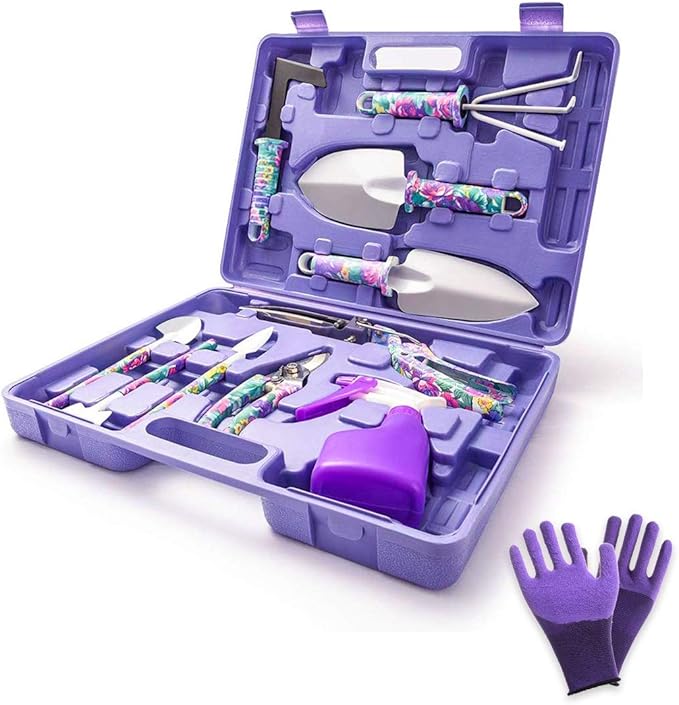 Garden Tools Set, 11 Pieces Gardening Gifts with Purple Floral Print, Ergonomic Handle, Trowel, Rake, Shovels, Pruner, Shears, Sprayer, Gloves, Garden Hand Tools with Carrying Case-PurrikoPets