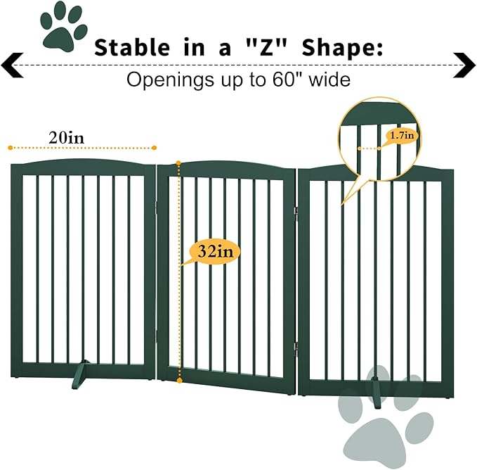 Freestanding Pet Gate for Dogs, Foldable Wooden Dog Gate for House Indoor, Step Over Pet Puppy Safety Fence for Stair, Doorway,Hall, Support Feet Included,3 Panels 32",Green-PurrikoPets