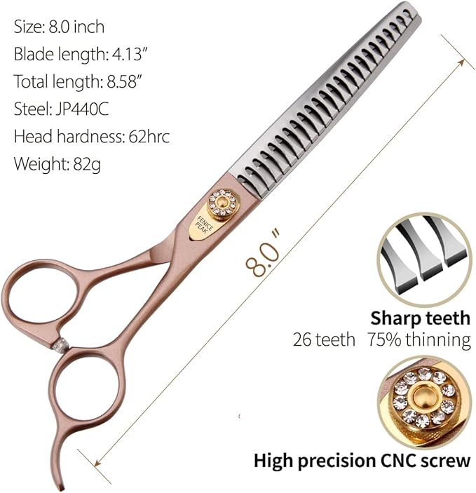 Fenice Peak Thinning Shears for Dogs and Cats Rose Gold Pet Grooming Scissors Chunkers Shears 440C Stainless Steel Professional Dog Trimming Scissors 8''-PurrikoPets