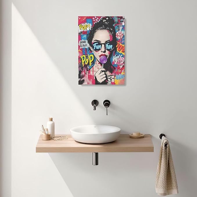 Fashion Women Wall Art Glam Modern Artwork for Girls Banksy Street Graffiti Pop Art Canvas Pictures Painting Print Framed Decorations Gifts for Bedroom Living Room Office 16"x24"-PurrikoPets