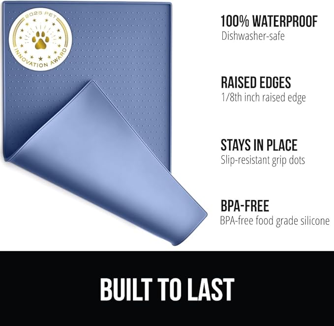GORILLA GRIP 100% Waterproof Raised Edge BPA Free Silicone Pet Feeding Mat, Dog Cat Food Mats Contain Spills Protects Floors, Placemats for Cats and Dogs Water Bowl, Pets Accessories 16x10, Blue-PurrikoPets