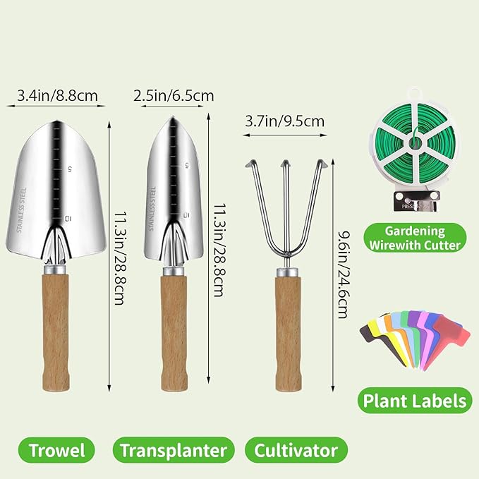 Garden Tool Set, 3 Pieces Gardening Kit with Garden Plant Twist Tie and Plastic Plant Tag, Stainless Steel Heavy Duty Garden Tools with Wooden Handle, Gardening Gifts for Women-PurrikoPets