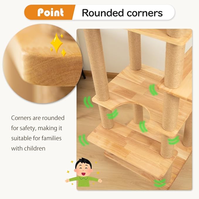 74" Wooden Cat Tree Tower for Large Cats, Multi-Level Cat Climbing Furniture with Scratching Posts, Cat Condo & Hammock, Natural Wood Cat Activity Center(Brown)-PurrikoPets