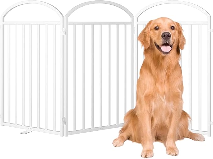 3 Panles Full Matel Freestanding Dog Gates with Door, 72"Extra Wide 32"Tall Free Standing Dog Pet Gate for Indoor & Outdoor. Foldable Pet Fences for Doorways, House, Stairs, Porch, Deck, Yard-PurrikoPets
