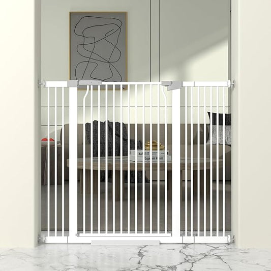 41" Extra Tall Cat Gate for Doorway, 40.6-49.1'' Metal Pet Baby Safe Gate, Extra Wide Pressure Mounted Child Door with Expansion Kit, No Drilling Cat Fence Indoor, Tall Dog Gate, White-PurrikoPets
