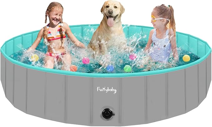 Furrybaby Dog Pool Foldable Dog Pools for Large Dogs with Hard Plate Collapsible Pet Bath Pool Kiddie Grey 63''-PurrikoPets