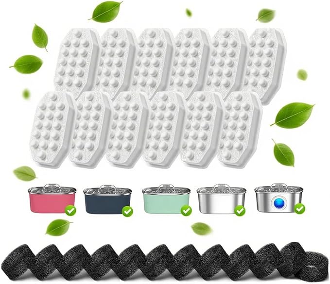 24 Pcs Cat Water Fountain Filters,12 Pack Cat Water Fountain Replacement Filters & 12 Pack Pre-Filter Sponges,Fountain Filter Replacement for Rellaty and Neareal 108oz/3.2L Pet Stainless Fountain-PurrikoPets