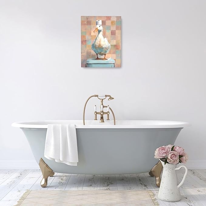 Funny Duck Bathroom Wall Art Cute Duck on Toilet Canvas Wall Decor Funny Quirky Farm Animal Pictures Painting Print Framed Artwork Decorations Gifts for Bathroom 16"x20"-PurrikoPets