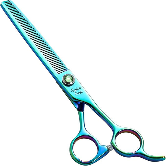Fenice Peak 7'' Green Thinning Dog Grooming Scissors Pet Shears with Ergonomic Offest Handle and Simulated Emerald Screw 440C Grooming Scissors Trimming Shears Durable and Sharp-PurrikoPets