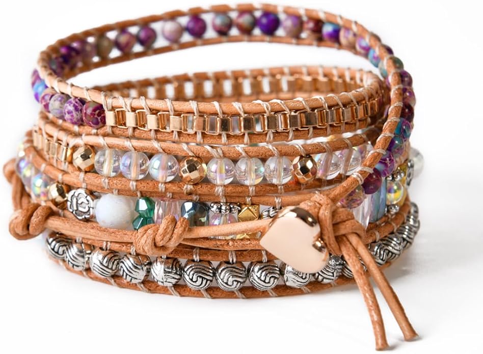 YGLINE Boho Handmade Wrap Leather Tube Crystal Stone Bracelet for Women