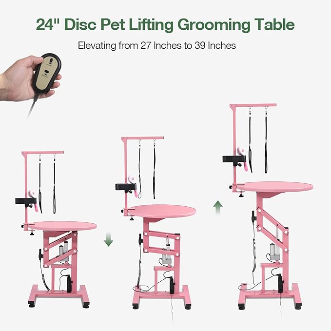 Electric Hydraulic Lift Pet Dog Grooming Table, 24Inch Grooming Desktop for Small Dogs, with Overhead Arm, Wireless Remote, Tool Organizer, Pink-PurrikoPets