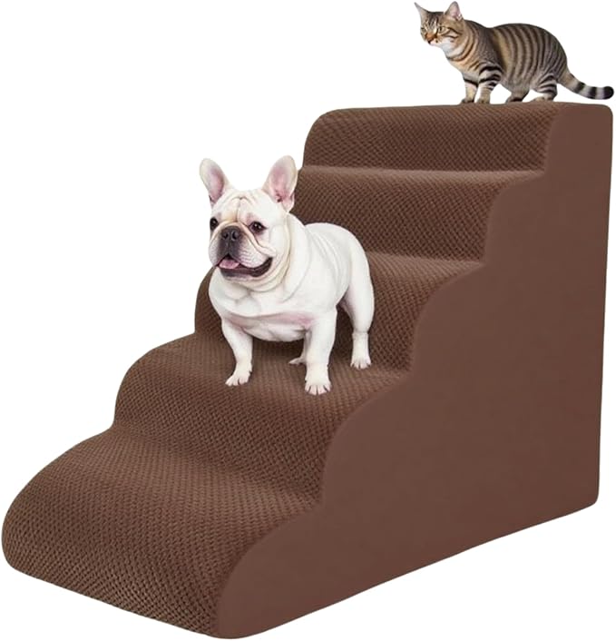 5 Step Pet Stairs Ramp for High Beds Sofas 5-30 Inch with Sturdy Non Slip Waterproof Pads, Machine Washable Cover Indoor Balanced Design for Cats Dogs Small Medium Large XL Pets Grey (Brown, Large, 1)-PurrikoPets