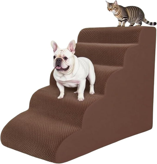 5 Step Pet Stairs Ramp for High Beds Sofas 5-30 Inch with Sturdy Non Slip Waterproof Pads, Machine Washable Cover Indoor Balanced Design for Cats Dogs Small Medium Large XL Pets Grey (Brown, Large, 1)-PurrikoPets