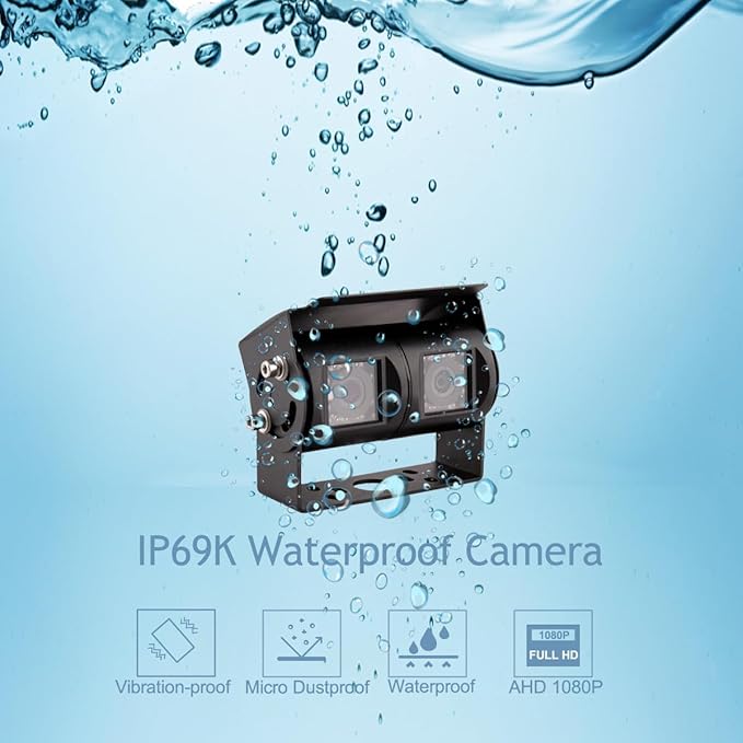 AHD 1080P 7" Reverse Rear View Backup Dual Twin Lens Camera System, Point Each Lens in a Different Direction, IR, Waterproof, 10G Vibration-Proof for Tractor/Truck/Camper/Caravan/Skid Steer/Harvester-PurrikoPets