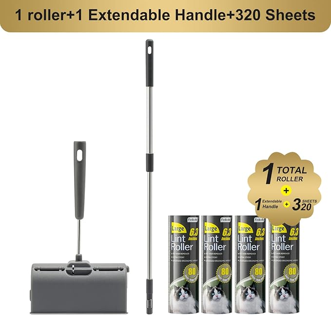 Fedicelly Lint Rollers Pet Hair Extra Sticky Floor with Long Handle,Large Cat Dog Hair Remover Laundry Clothes Carpet Furniture,6.3 inches Wider with 320 Sheets Giant Lint Remover Brush for Couch-PurrikoPets