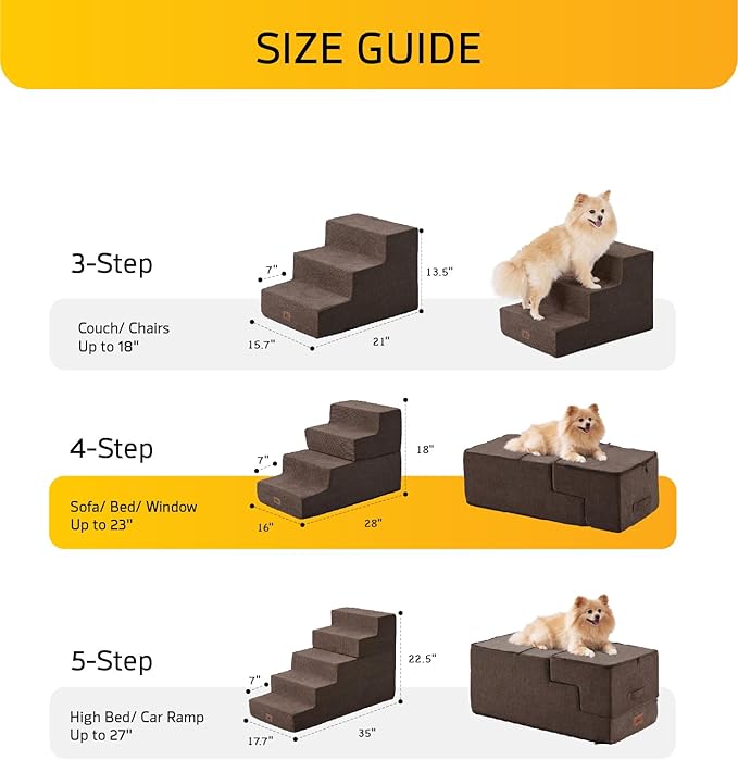 Dog Stairs for Bed, Dog Steps for Bed Couch Sofa, 35D Foam Pet Steps for Small Dogs and Cats, Extra Wide Pet Stairs with Non-Slip Bottom Brown, 3 Steps-PurrikoPets