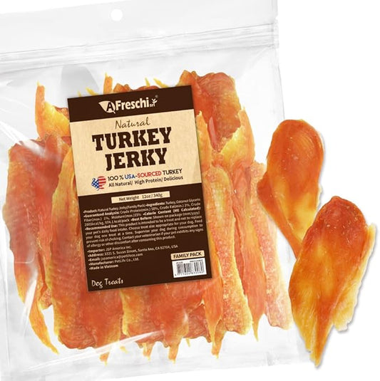 Afreschi Turkey Jerky Dog Treats –12 oz, USA-Sourced Trukey, All-Natural, Hypoallergenic, High-Protein, Low-Fat, Healthy & Easily Digestible, Puppy & Training Snack-PurrikoPets