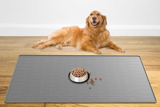 48" x 32" XXXL Largest Pet Food Mat, Silicone Dog Mats for Food and Water, Nonslip Pet Feeding Mats for Floors,Dog Cat Bowl Mat with Raised Edges, Light Gray-PurrikoPets