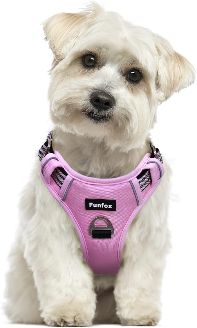 Funfox Dog Harness No Pull, Adjustable Pet Vest Harness, Super Soft Material with Vertical Handle Easy Control, Reflective Night Walking, 2 Leash Clips for Small Sized Dogs, Pink, S-PurrikoPets