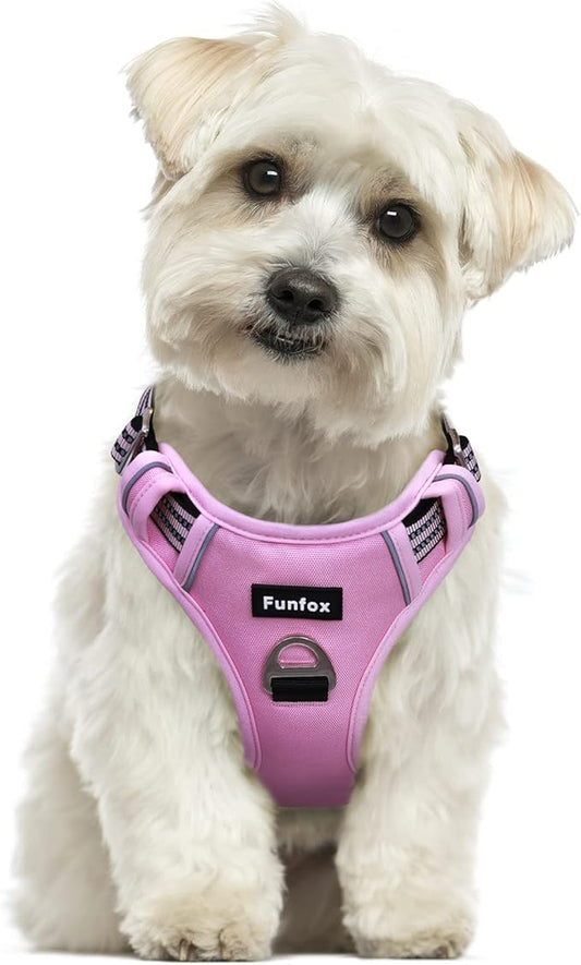 Funfox Dog Harness No Pull, Adjustable Pet Vest Harness, Super Soft Material with Vertical Handle Easy Control, Reflective Night Walking, 2 Leash Clips for Small Sized Dogs, Pink, S-PurrikoPets
