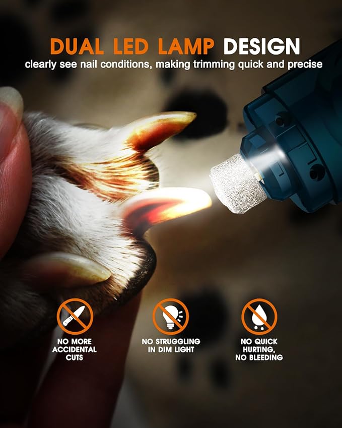 Dog Nail Trimmers and Dog Nail Clippers Kit, Whisper Quiet Electric Grinder with Light, for Small, Medium, Large Dogs, Cats Toenail Grooming, 3 Speeds-PurrikoPets