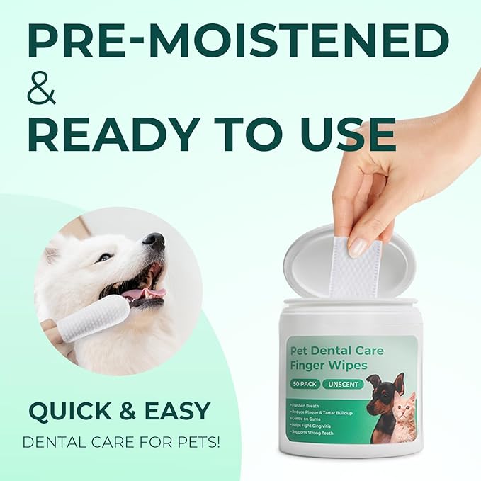 Dog Teeth Cleaning Wipes 50 Pack, Reduces Plaque and Freshens Breath, Dog Dental Wipes Dog Tooth Brushing Kit, No-Rinse Dog Toothbrush Finger Wipes Dental Care for Dogs Cats-PurrikoPets