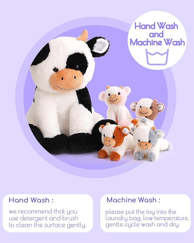 5 Pieces Cow Stuffed Animals for Boys Girls, 1 Mommy Cow with 4 Babies Soft Plush Toy Set Gifts for Kids Children 3 4 5 6 7 8 9 Years, Christmas, Birthday, Party Decorations-PurrikoPets